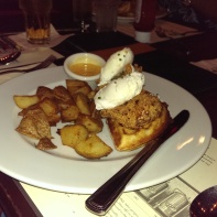 Chicken & waffles & poached eggs. Yum!